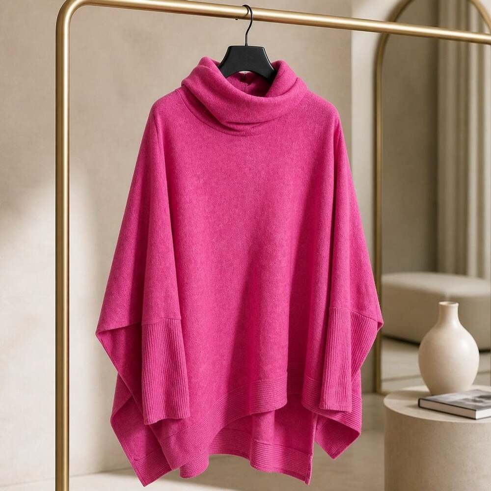 Impressions Time For Cozy Hot Pink Cowl Neck Oversized Poncho Sweater #1173